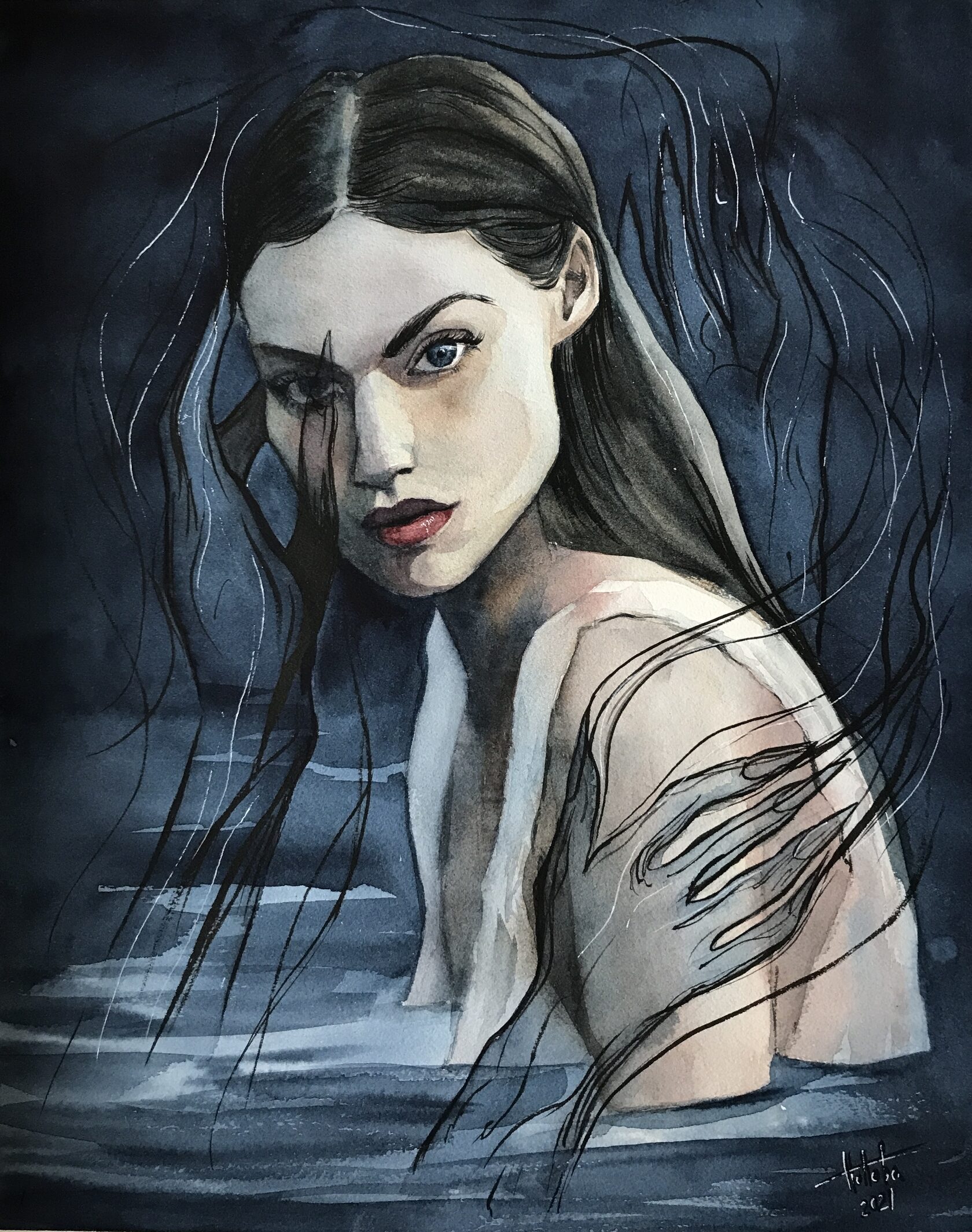 Anxiety, main image, cotton paper, watercolor, ink, 31.5×40 cm, original work by YUNA / Yuliana Popova.