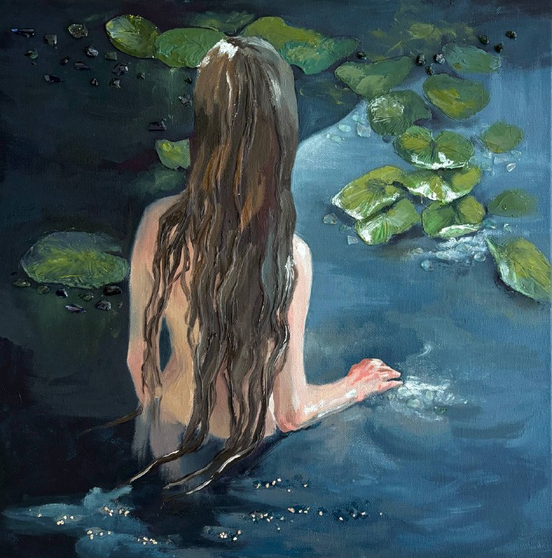Exit, main image, canvas, oil, texture paste, glass chips, 50×50 cm, original work by YUNA / Yuliana Popova.