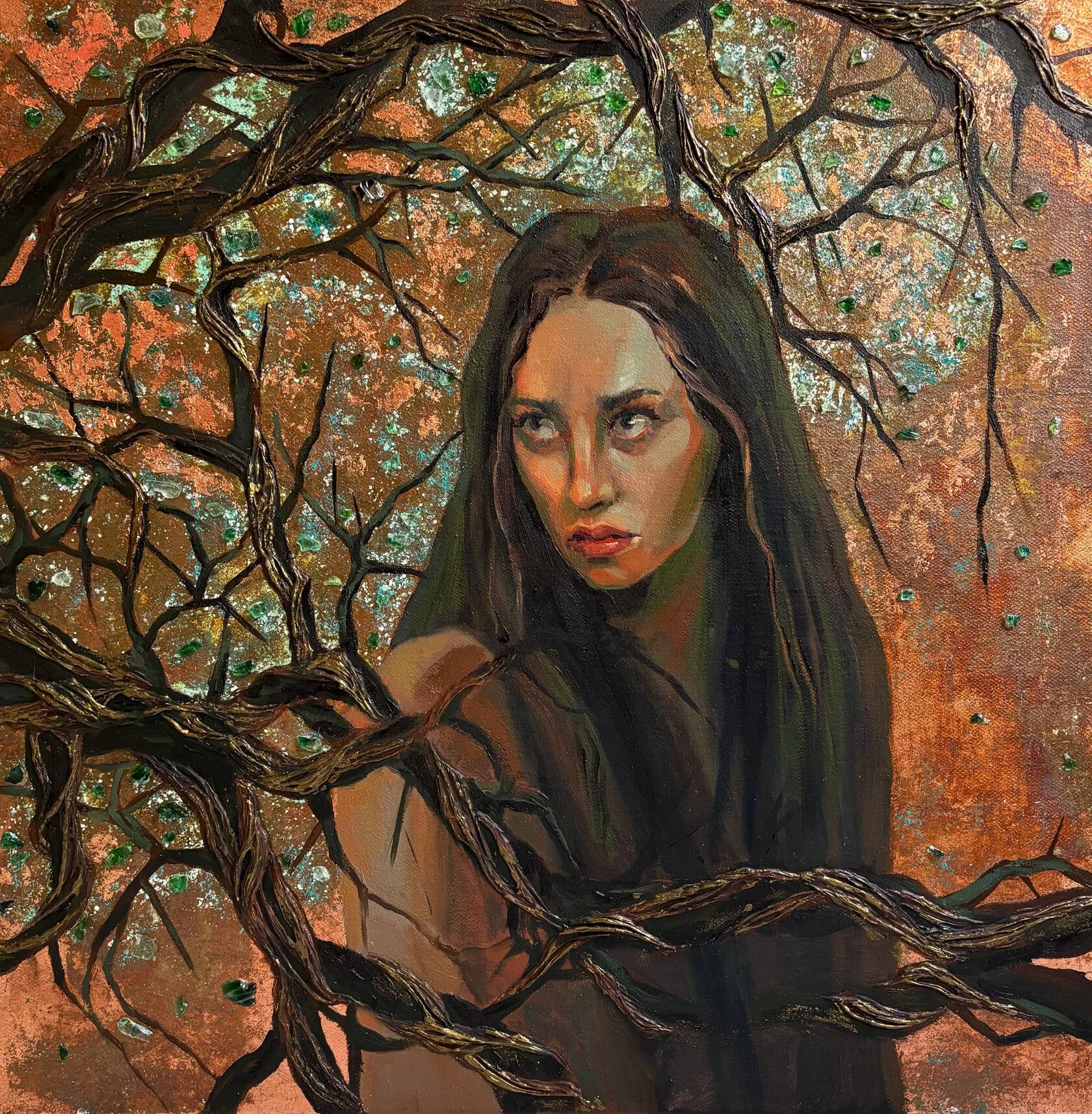 Fear, main image, canvas, oil, texture paste, glass chips, gold leaf, 50×50 cm, original work by YUNA / Yuliana Popova.