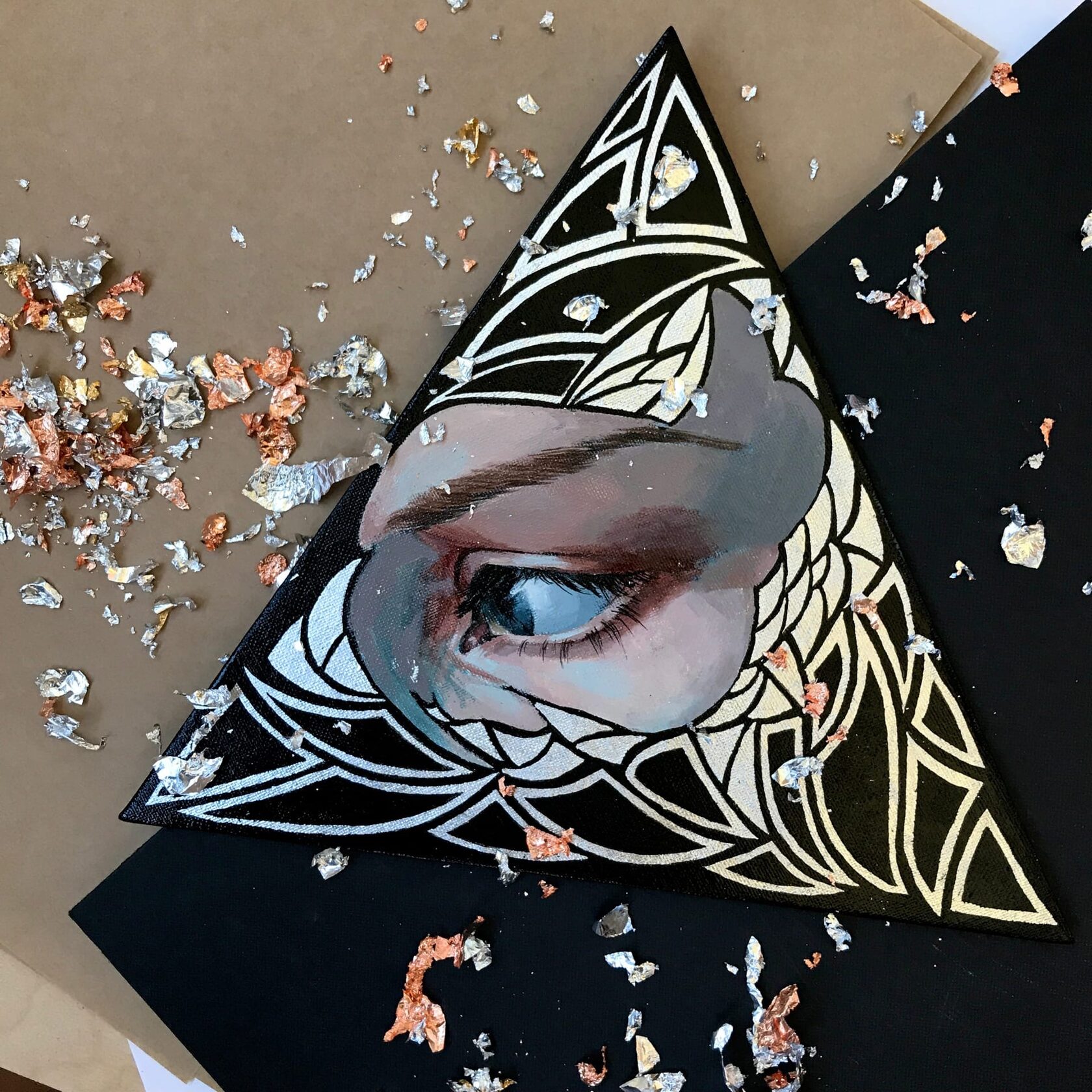Gaze Tie 1, main image, canvas board, acrylic, silver leaf, 30×30×30 cm, original work by YUNA / Yuliana Popova.