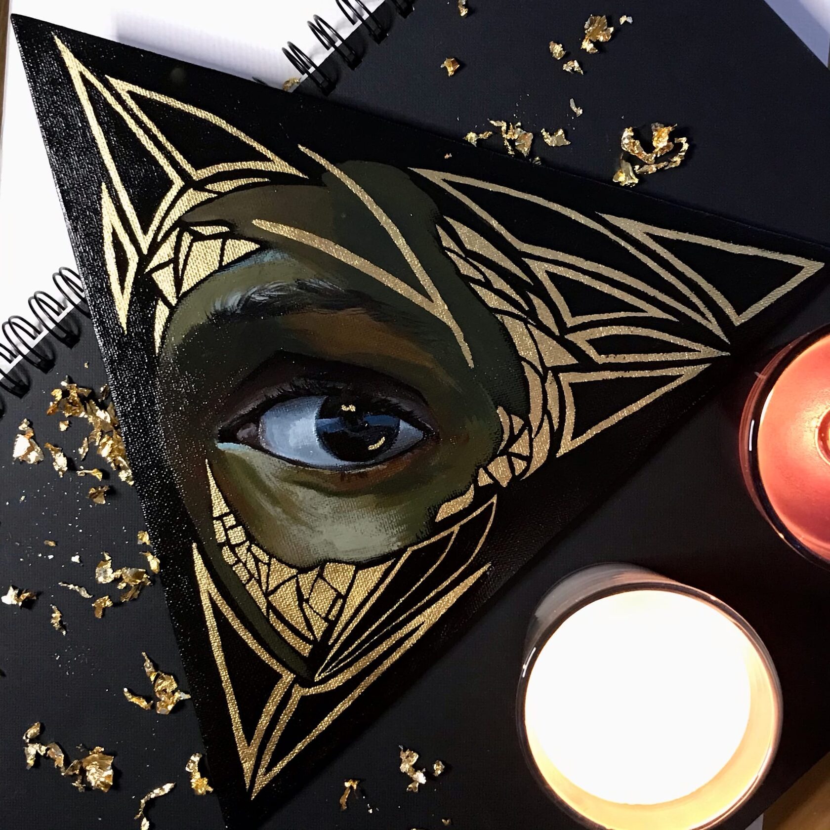 Gaze Tie 2, main image, canvas board, acrylic, gold leaf, 30×30×30 cm, original work by YUNA / Yuliana Popova.