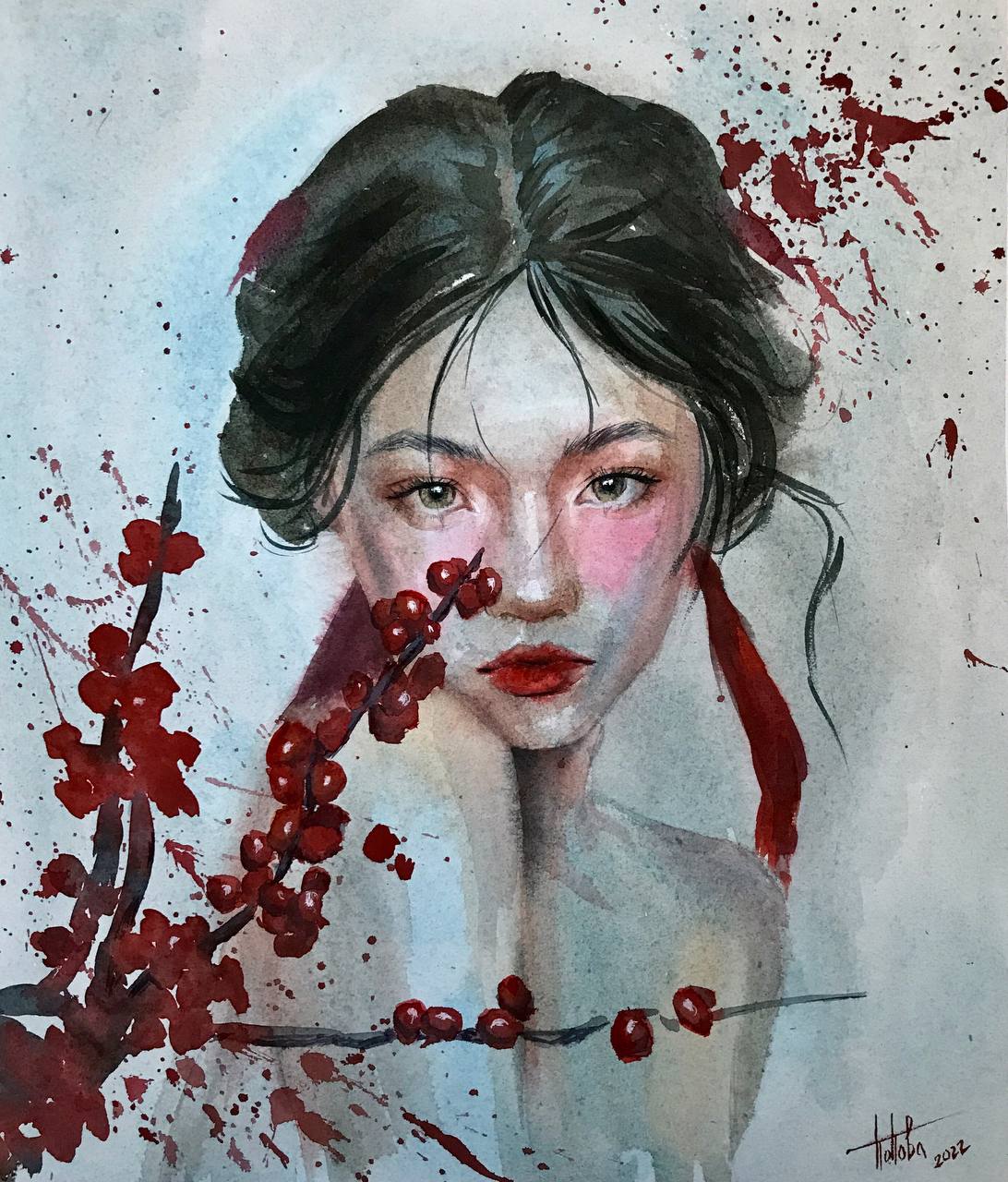 Red, main image, cotton paper, watercolor, 36×43 cm, original work by YUNA / Yuliana Popova.