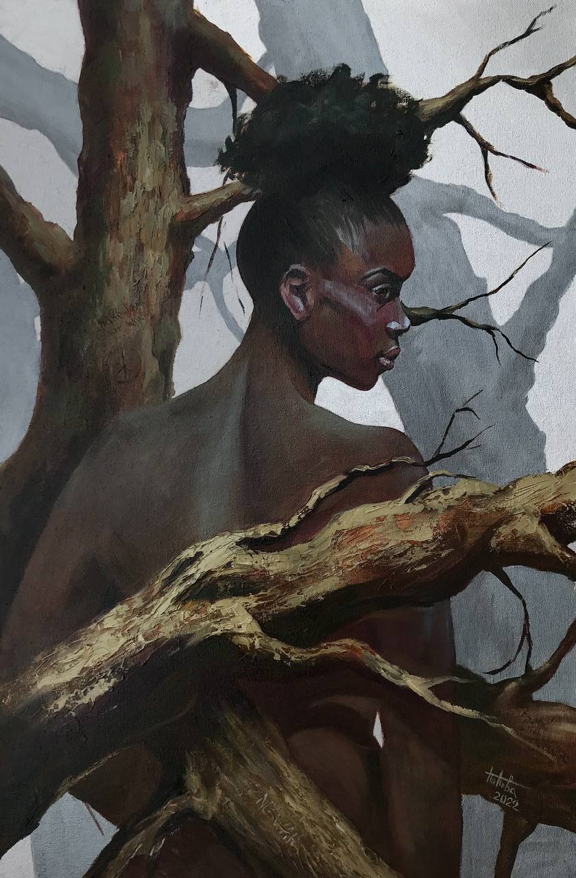 Rooted, main image, canvas, acrylic, oil, texture paste, silver leaf, 50×75 cm, original work by YUNA / Yuliana Popova.