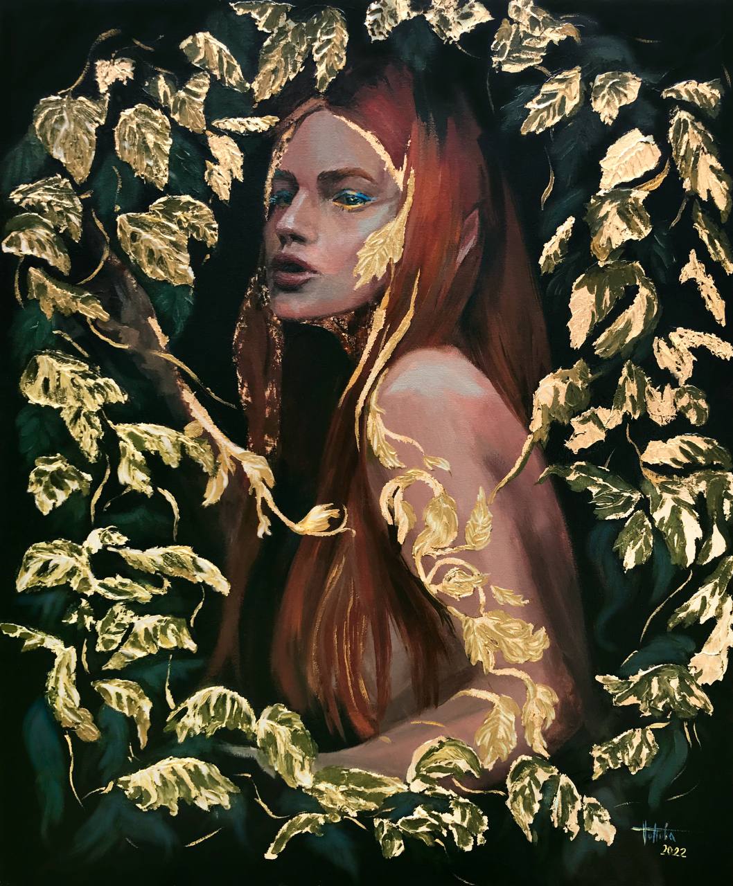 Soft Fire, main image, canvas, acrylic, oil, texture paste, gold leaf, 50×60 cm, original work by YUNA / Yuliana Popova.