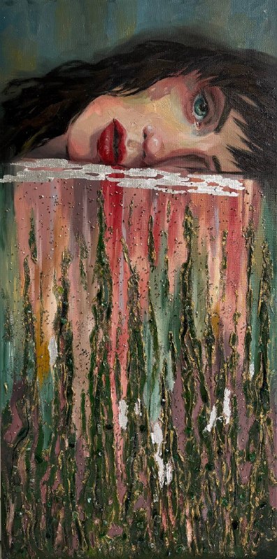 The Pond of Tears, main image, canvas, oil, texture paste, glass chips, silver leaf, 40×80 cm, original work by YUNA / Yuliana Popova.