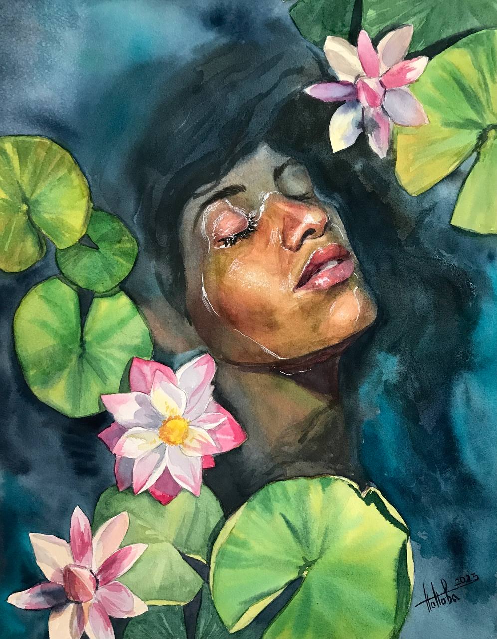 Water Lilies, main image, cotton paper, watercolor, 36×45.5 cm, original work by YUNA / Yuliana Popova.